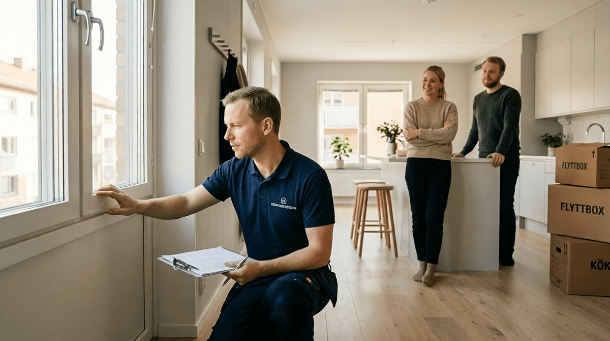 Besiktningsman inspekterar bostad med fastighetsköpare