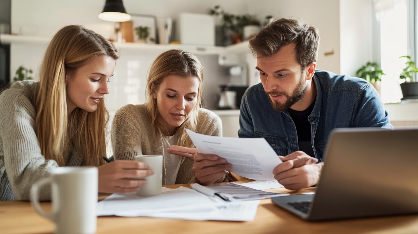 Kunder som går igenom fastighetshandlingar med expert